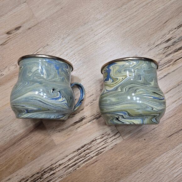 Mackenzie Childs Enamelware Blue Green Gold Dipped Paint Swirl Metal Mug - Picture 4 of 10